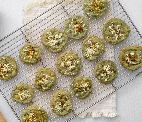 Matcha & Spirulina Cookies with White Chocolate & Pistachios
