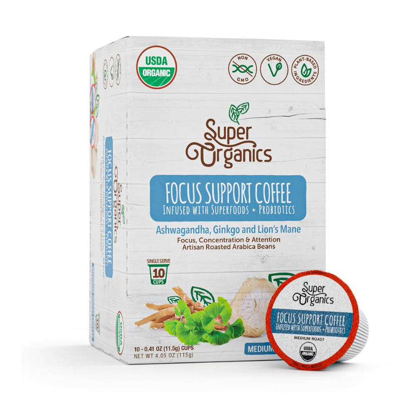 Box of Super Organics Focus Support Coffee with a single cup on a white background