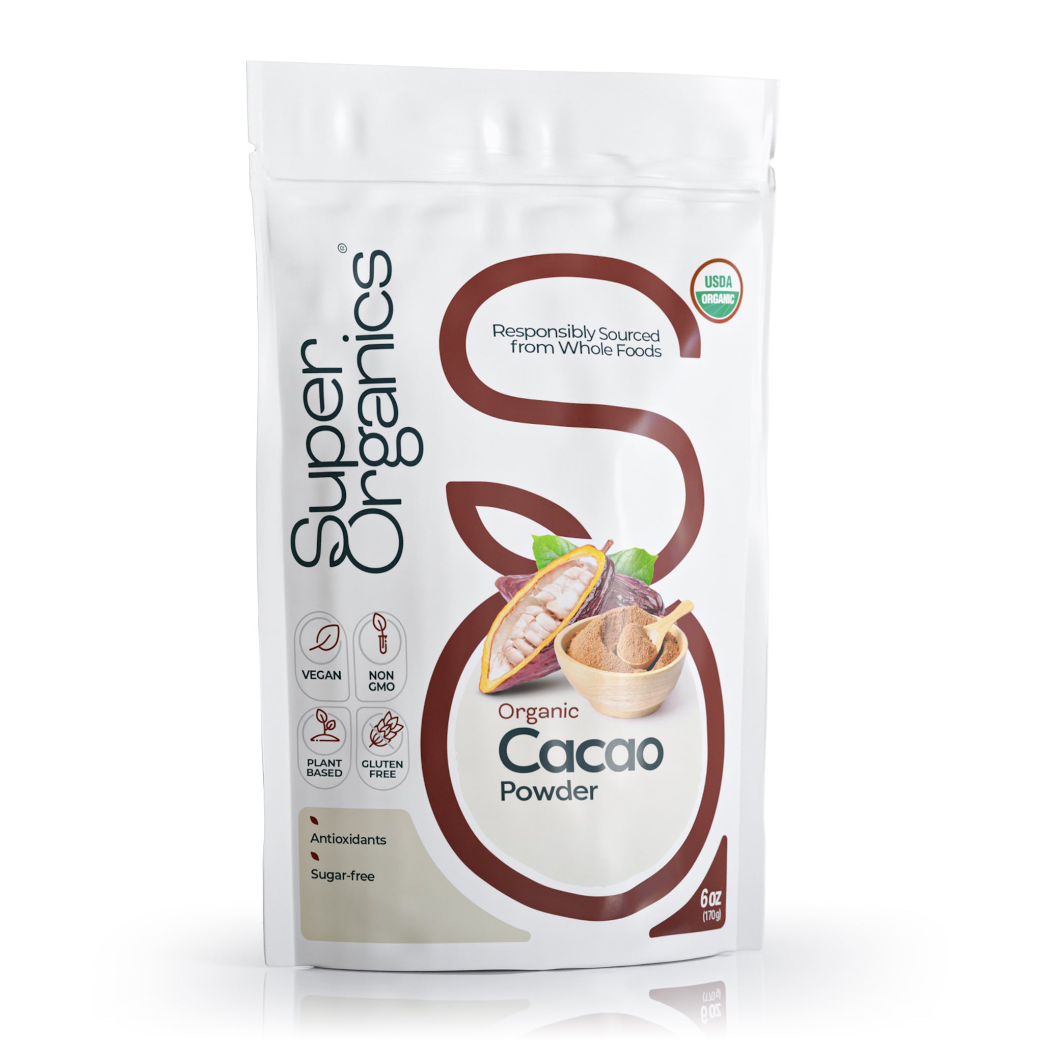 Super Organics Organic Cacao Powder packaging on a white background