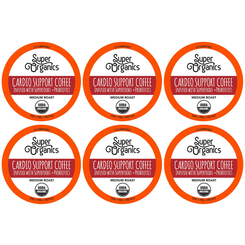Six Super Organics Cardio Support Coffee pods on a white background