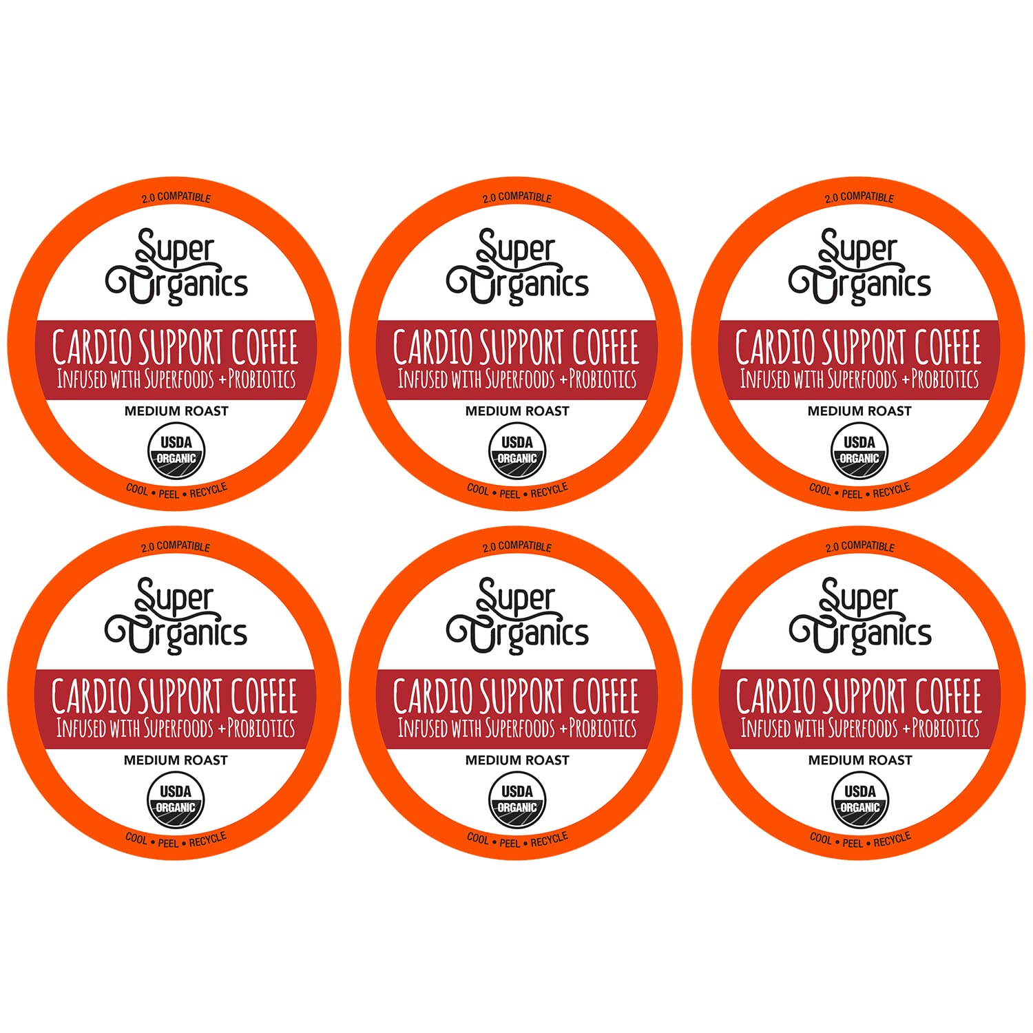 Six Super Organics Cardio Support Coffee pods on a white background
