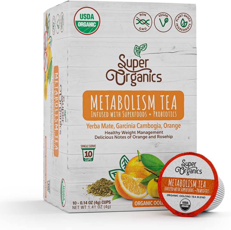 Super Organics Metabolism Tea packaging with USDA Organic label on a white background